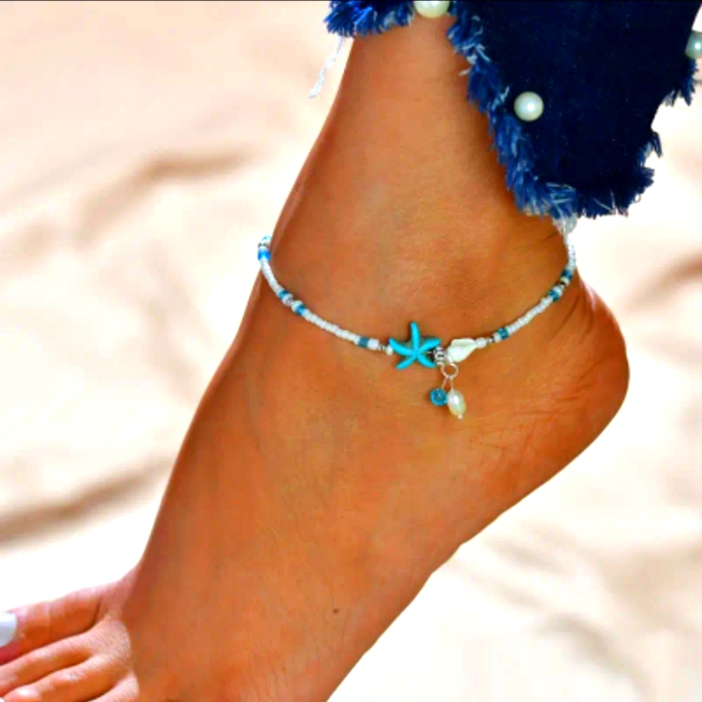New Blue Starfish & Pearl's Beaded Anklet